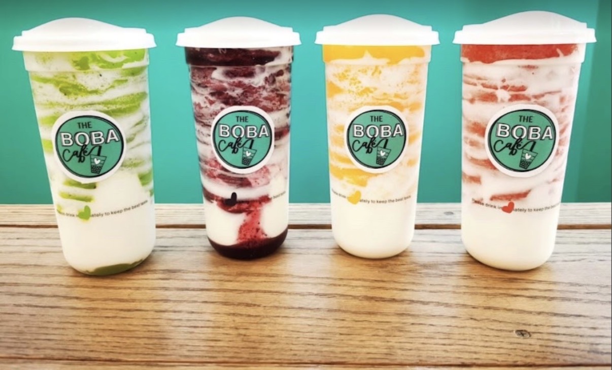 Lineup of fruit icy milk drinks